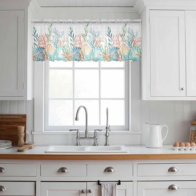 Summer Beach Sheer Valance Curtains, Ocean Colorful Coral Shell Seaweed Starfish Light Filtering Kitchen Valances Rod Pocket Voile Curtain Window Treatment for Bedroom/Living Room/Basement 42Wx18L