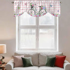 Spring Tie Up Valance Curtains for Windows, Kitchen Curtains Window Shades, Bicycles Leaves Butterfly Flowers Pink Buffalo Plaid Light Filtering Curtain Valances for Bedroom/Bathroom/Cafe 42"x18"