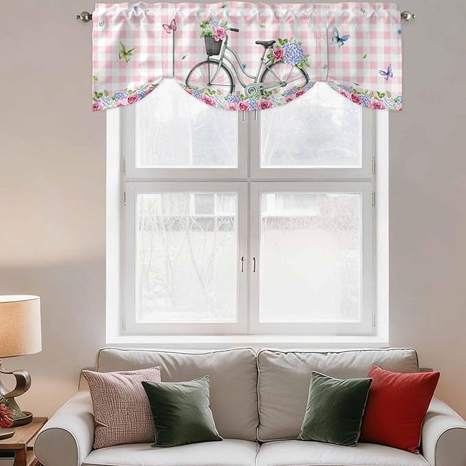 Spring Tie Up Valance Curtains for Windows, Kitchen Curtains Window Shades, Bicycles Leaves Butterfly Flowers Pink Buffalo Plaid Light Filtering Curtain Valances for Bedroom/Bathroom/Cafe 42"x12"