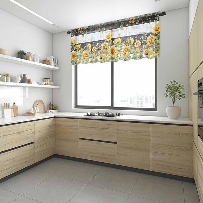 Summer Floral Sheer Valance Curtains, Watercolor Sunflower Eucalyptus Leaves Black Wood Grain Light Filtering Kitchen Valances Rod Pocket Voile Curtain for Bedroom/Living Room/Basement 54Wx18L