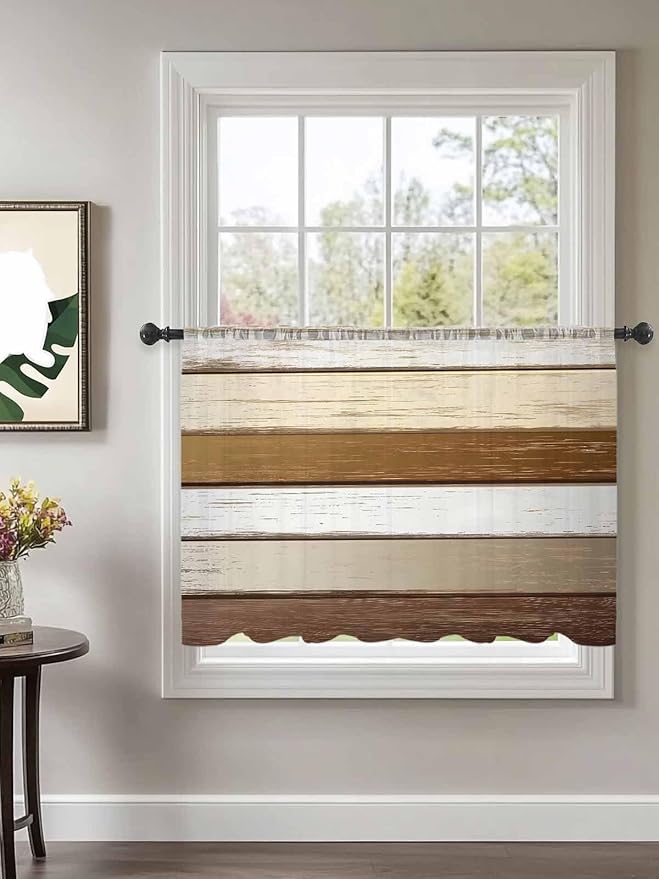 Sheer Curtains 54 Inch Length, Vintage Geometric Brown Semi Sheer Curtains Light Filtering Window Treatment, Farmhouse Country Chic Wood Grain Privacy Voile Drapes for Living Room Bedroom 52x54 Inch