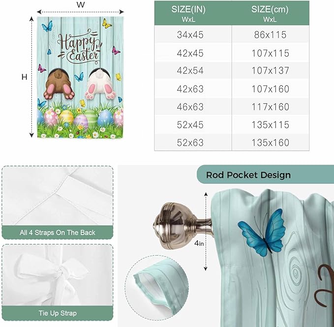 Tie Up Curtains,Happy Easter Bunny Butt Egg Floral Adjustable Rod Pocket Window Shade Curtain Drape Spring Plant on Aqua Wood Tie-Up Valance for Kitchen Bedroom Living Room Windows,46"x63"