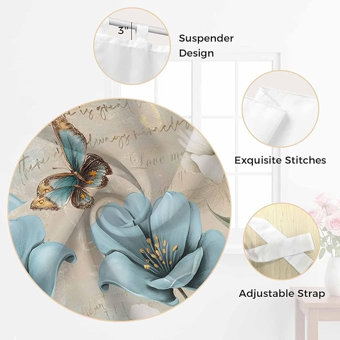 Spring Flowers Bathroom Curtains 63 Inch Length, Window Curtains Tab Top, Vintage Rustic Tulips Floral Butterfly Khaki Light Filtering Window Treatments Drapes 52"x63" 2 Panel
