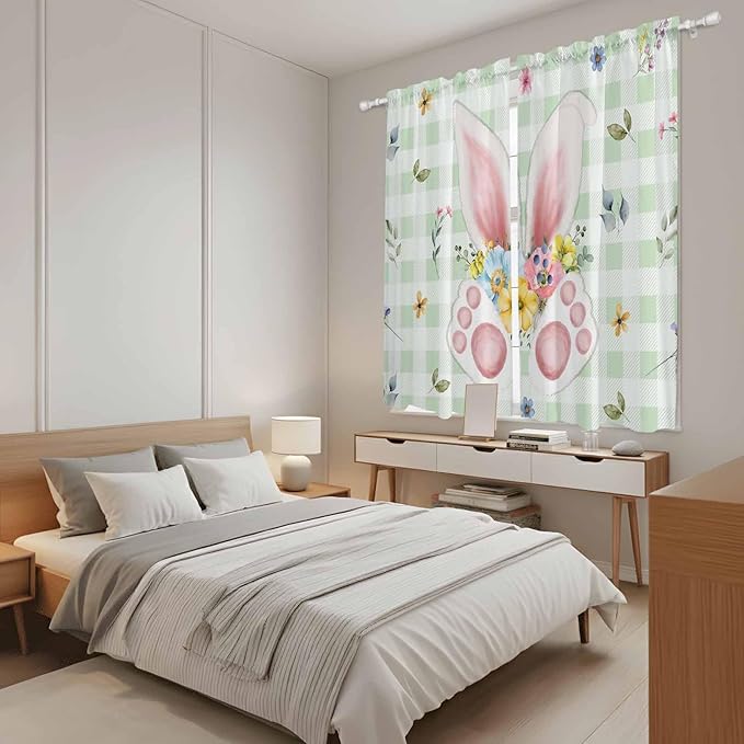 Easter Window Curtains 63 Inch Long 2 Panel Set, Rod Pocket Bedroom Curtains & Drapes, Spring Bunny Ears Feet Flowers Green Plaid Light Filtering Window Treatment for Living Room 42"W x 63"L