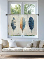 Sheer Curtains 45 Inch Length, Blue Brown Feathers Semi Sheer Curtains Light Filtering Window Treatment, Boho Ombre Vintage Wooden Grain Privacy Voile Drapes for Living Room Bedroom 52x45 Inch