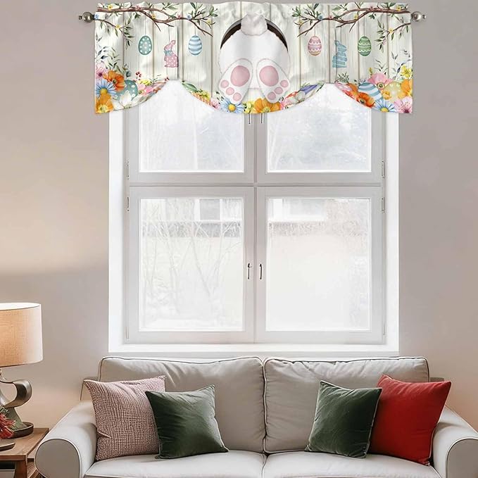 Easter Tie Up Valance Curtains for Windows, Kitchen Curtains Window Shades, Spring Farmhouse Watercolor Bunny Eggs Wood Grain Light Filtering Roman Curtain Valances for Bedroom/Bathroom/Cafe 54"x18"