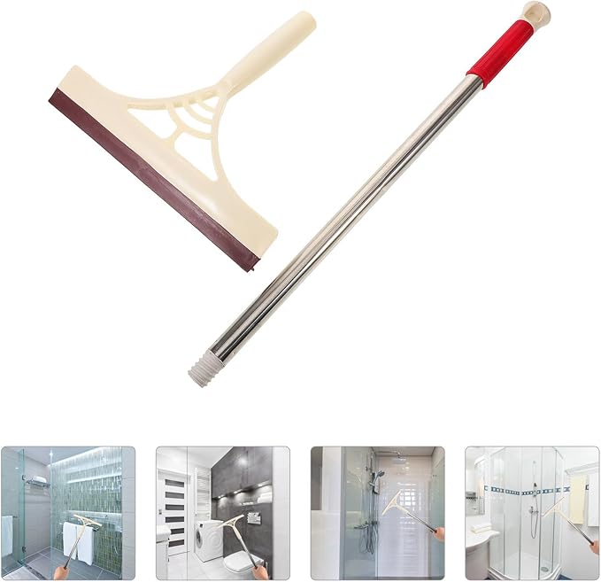 Angoily Multi-Functional Window Washer and Glass Squeegee with Khaki Handle, Wet and Dry Use Scrubber for Shower, Tile, and Floor Cleaning, Household Window Cleaning Tool
