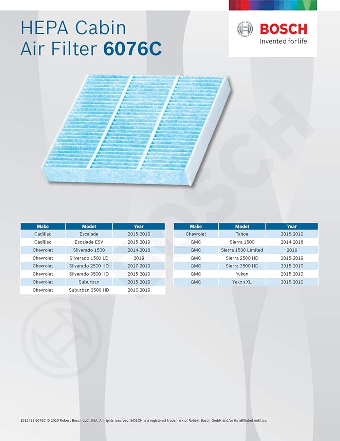 BOSCH 6076C HEPA Cabin Air Filter - Compatible with Select Cadillac Escalade; Chevrolet Silverado, Suburban, Tahoe; GMC Sierra, Yukon, Yukon XL
