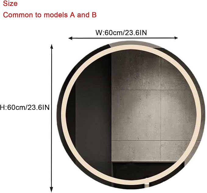 Round LED Bathroom Mirror with Light,Round Bathroom Mirror with LED Lights and Demister，Large Circle Mirror Backlit + Front Light，3 Colors Dimmable/Demister Pad(A,H60*W60cm/H23.6*W23.6IN)