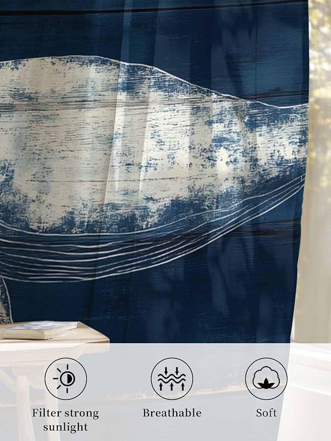 Sheer Curtains 45 Inch Length, Summer Whale Semi Sheer Curtains Light Filtering Window Treatment, Ocean Watercolor Wooden Grain Blue Privacy Voile Drapes for Living Room Bedroom 52x45 Inch