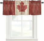 Canada Curtain Valances for Windows, Kitchen Valance Window Treatment, Red Maple Leaf Flag Vintage Farmhouse Wooden Grain Light Filtering Block Curtains for Bathroom/Bedroom/Living Room 42'' x 12''