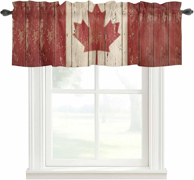 Canada Curtain Valances for Windows, Kitchen Valance Window Treatment, Red Maple Leaf Flag Vintage Farmhouse Wooden Grain Light Filtering Block Curtains for Bathroom/Bedroom/Living Room 54'' x 18''