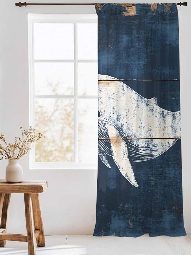 Sheer Curtains 96 Inches Long, Ocean Whale Blue Semi Sheer Curtains Light Filtering Window Treatment, Coastal Vintage Wooden Grain Privacy Voile Drapes for Living Room Bedroom 52x96 Inch