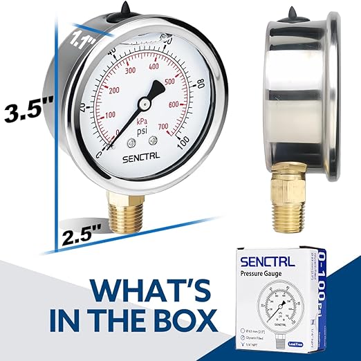 SENCTRL 100 Psi Lead-Free Glycerin Liquid Filled Low Pressure Gauge, 2.5" Dial Size, 1/4" NPT Lower Mount, Stainless Steel Case, for Home Potable Water Pump, Air, Well, RV Hose, Pressure Test