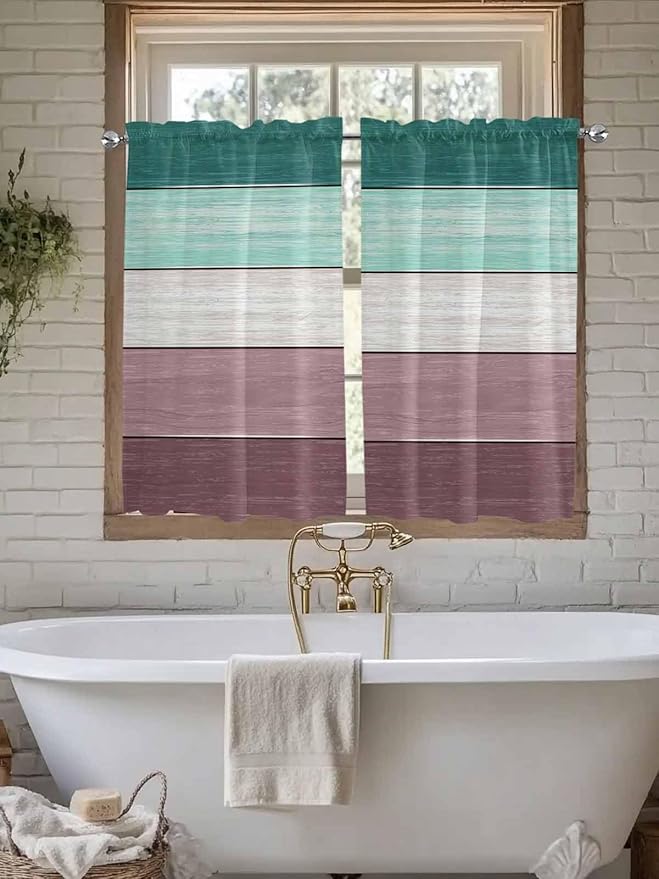 Retro Farm Woodcuts Texture Window Valance Curtains, Green Brown Gradient Light Filtering Kitchen Valance with 3-inch Rod Pocket for Living Room Bathroom Bedroom,2 Panel,27.5x45In