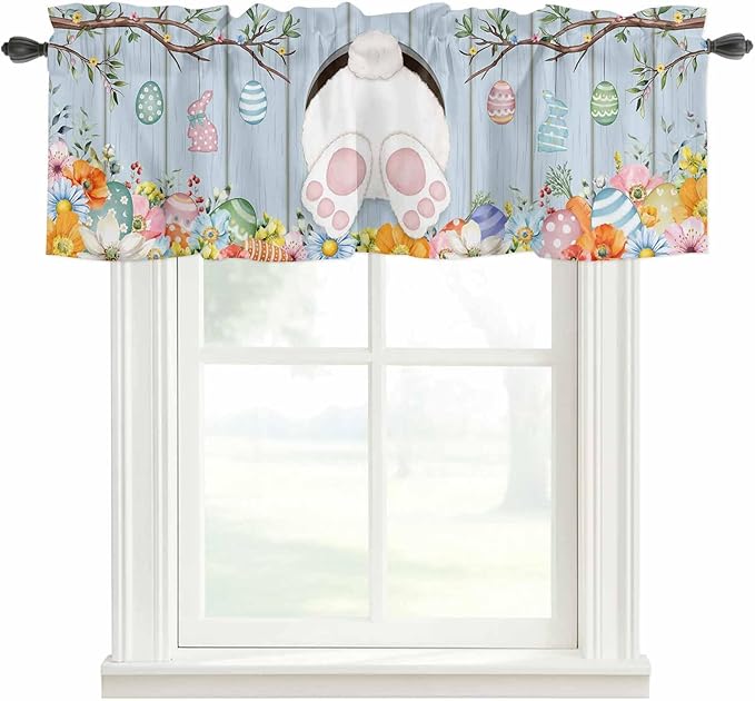Easter Curtain Valances for Windows, Kitchen Valance Window Treatment, Spring Watercolor Bunny Eggs Flower Wood Grain Blue Light Filtering Block Curtains for Bathroom/Bedroom/Living Room 42'' x 12''