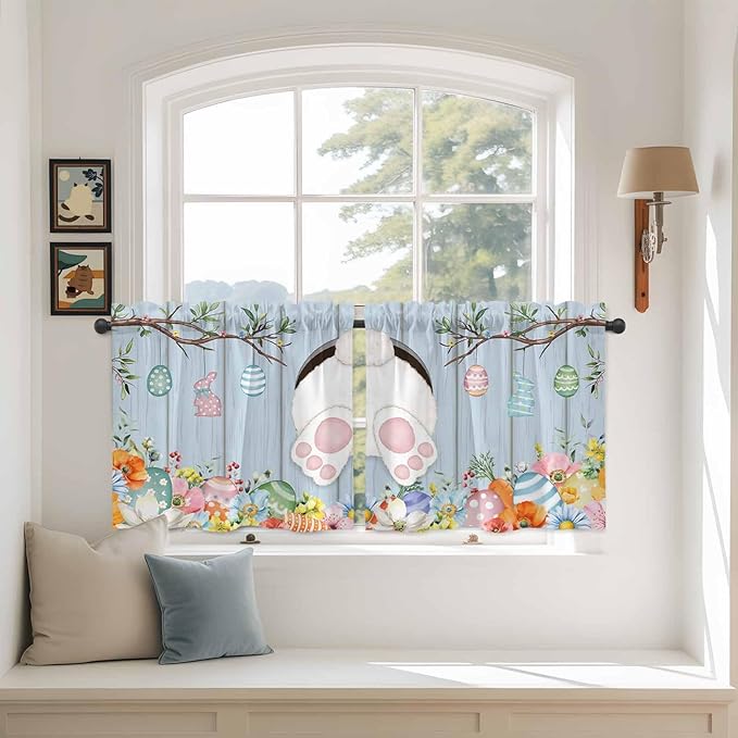 Easter Kitchen Tier Curtains 36 Inch Long 2 Panel Set,Rod Pocket Half Window Curtains Over Sink,Spring Watercolor Bunny Eggs Flower Wood Grain Blue Light Filtering Short Drapes Cafe 27.5"W x 36"L