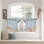 Easter Kitchen Tier Curtains 36 Inch Long 2 Panel Set,Rod Pocket Half Window Curtains Over Sink,Spring Watercolor Bunny Eggs Flower Wood Grain Blue Light Filtering Short Drapes Cafe 27.5"W x 36"L