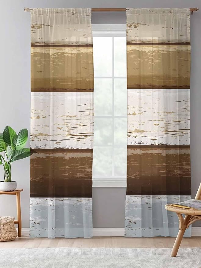 Sheer Curtains 108 Inches Long, Wood Grain Brown Semi Sheer Curtains Light Filtering Window Treatment, Farmhouse Vintage Country Geometric Privacy Voile Drapes for Living Room Bedroom 52x108 Inch