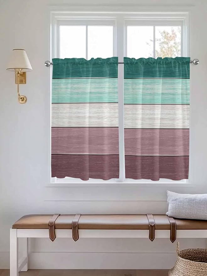 Retro Farm Woodcuts Texture Window Valance Curtains, Green Brown Gradient Light Filtering Kitchen Valance with 3-inch Rod Pocket for Living Room Bathroom Bedroom,2 Panel,42x54In
