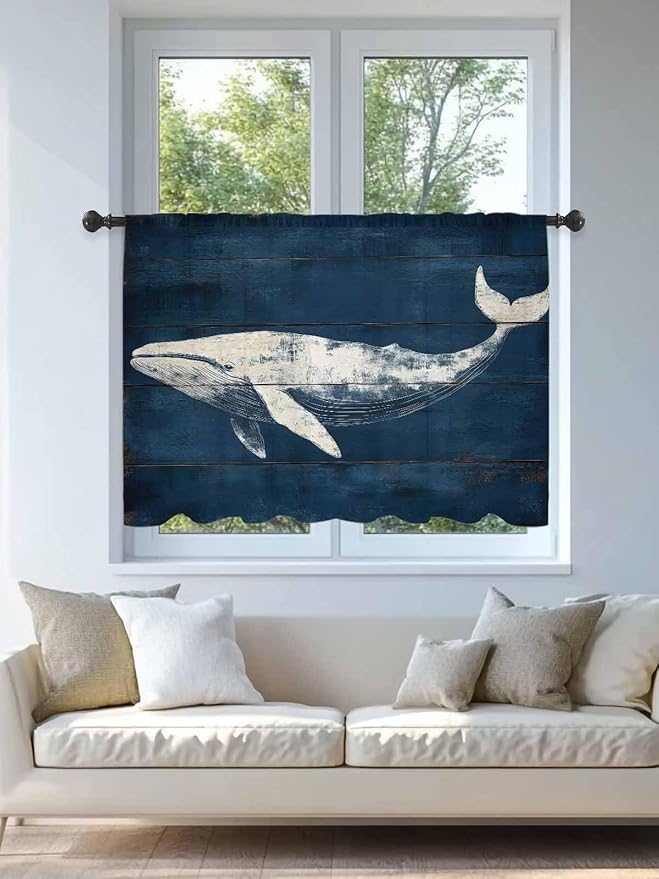 Sheer Curtains 54 Inch Length, Summer Whale Semi Sheer Curtains Light Filtering Window Treatment, Ocean Vintage Wooden Grain Blue Privacy Voile Drapes for Living Room Bedroom 52x54 Inch