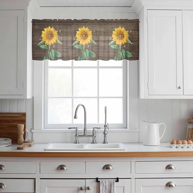 Summer Sunflower Sheer Valance Curtains, Yellow Floral Plants Bees Brown Wood Grain Light Filtering Kitchen Valances Rod Pocket Voile Curtain Window Treatment for Bedroom/Living Room/Basement 54Wx18L