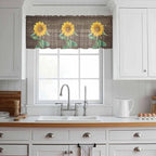 Summer Sunflower Sheer Valance Curtains, Yellow Floral Plants Bees Brown Wood Grain Light Filtering Kitchen Valances Rod Pocket Voile Curtain Window Treatment for Bedroom/Living Room/Basement 54Wx18L