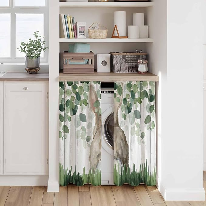 Easter Kitchen Curtains, Country Rabbit Botanical Leaves Wooden Grain Light Filtering Window Curtain Panels, 2Pcs Rod Pocket Window Treatments Set for RV Dining Room Study Room 42x54 Inches