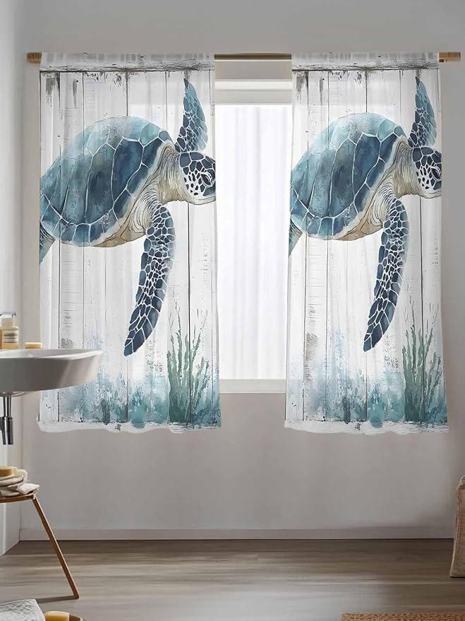 Sheer Curtains 63 Inch Length, Sea Turtle Teal Blue Semi Sheer Curtains Light Filtering Window Treatment, Summer Coastal Ocean Wood Grain Privacy Voile Drapes for Living Room Bedroom 52x63 Inch