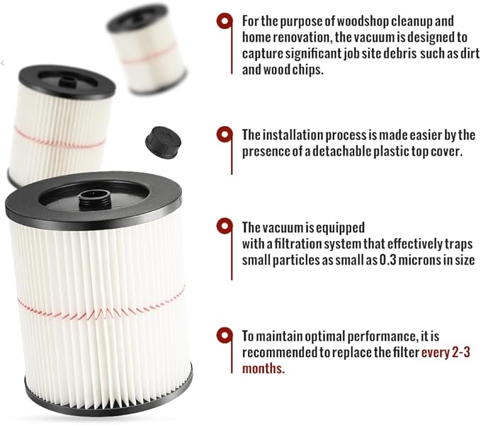 17816/9-17816 Red-Stripe Cartridge Filter Replacement – Compatible with Craftsman 5–32 Gallon Wet/Dry Shop Vac – Washable Pleated Vacuum Filter, 2 Pack