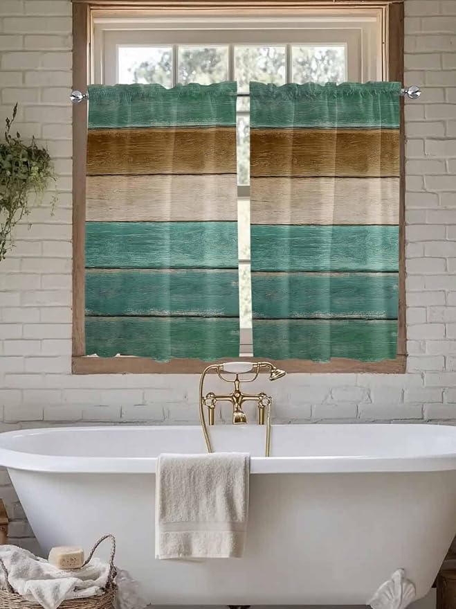 Vintage Plank Turquoise Brown Window Valance Curtains, Farmhouse Wood Grain Light Filtering Kitchen Valance with 3-inch Rod Pocket for Living Room Bathroom Bedroom,2 Panel,42x45In