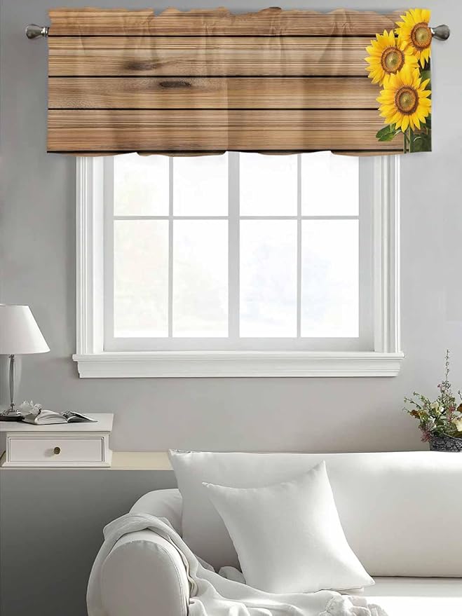 Kitchen Valances for Window, Farm Sunflower on Vintage Wood Grain Light Filtering Rod Pocket Valance Curtain, Spring Country Plant Short Curtains Window Topper for Bedroom Living Room 42x12in
