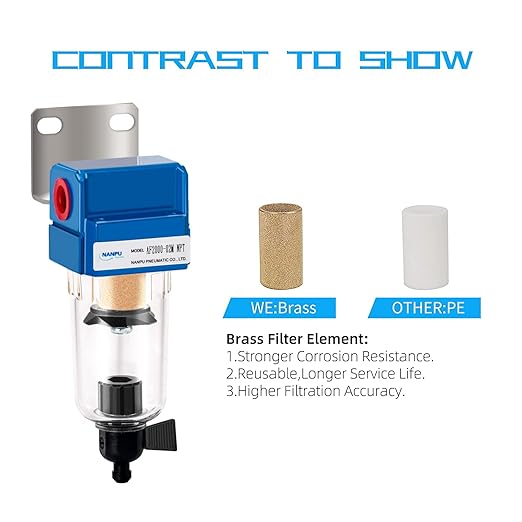 NANPU 1/4" NPT Compressed Air Line Filter, 5 Micron Brass Element, Manual Drain, Bracket, Poly Bowl, 145 PSI