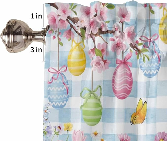 Happy Easter Bedroom Curtains 63 Inches length, Spring Watercolor Bunny Eggs Flower Blue Plaid Window Treatment Curtain Drapes, Rod Pocket Curtain Panels for Living Room Kitchen, 42"x63", 2 Panels