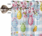 Happy Easter Tier Curtains 45 Inches Long, Spring Watercolor Bunny Eggs Flower Blue Plaid Window Treatment Curtain Drapes, Window Half Privacy Curtains for Bedroom Bathroom, 42"x45", 2 Panels