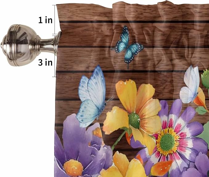 Spring Flowers Kitchen Curtains 54 Inches Length, Watercolor Farmhouse Colorful Wooden Grain Window Treatment Curtain Drapes, Decorative Window Curtains for Bedroom Cafe, 52"x54", 2 Panels