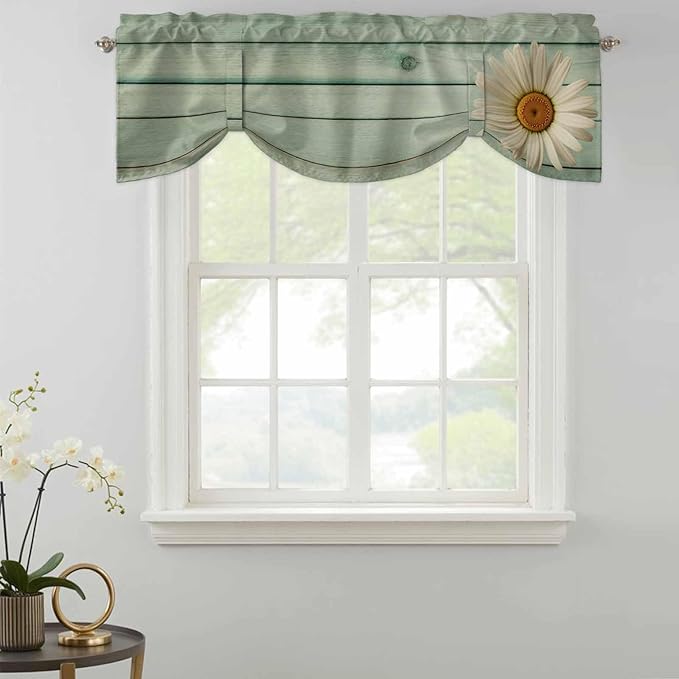 Daisy Flower Tie Up Valance Curtains for Windows, Kitchen Curtains Window Shades, Modern Art Floral Farmhouse Teal Wooden Grain Light Filtering Roman Curtain Valances for Bedroom/Bathroom/Cafe 42"x18"
