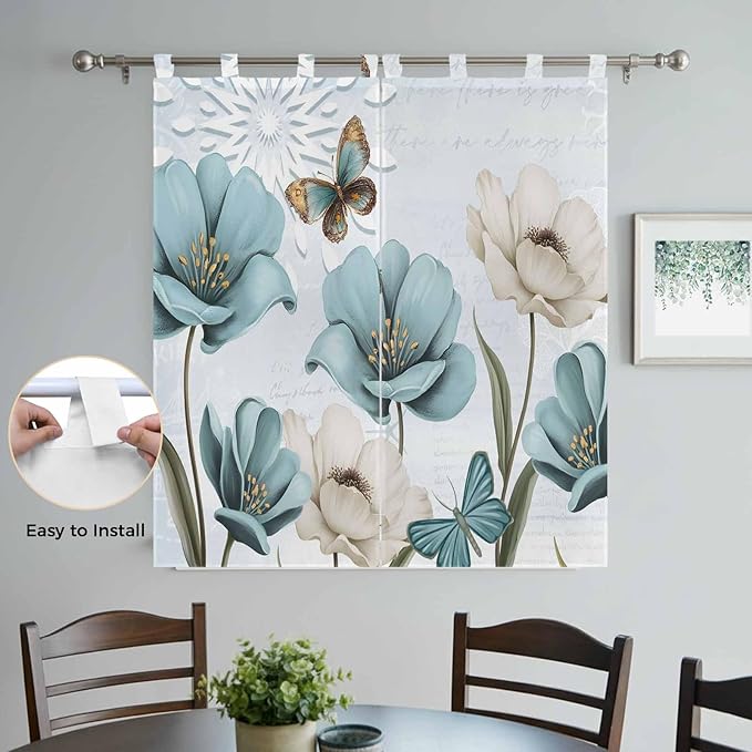Blue Tulips Bathroom Curtains 63 Inch Length, Window Curtains Tab Top, Watercolor Flowers Butterfly Spring Farmhouse Blue Light Filtering Window Treatments Drapes 52"x63" 2 Panel