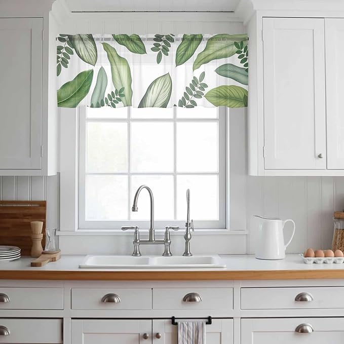 Summer Palm Leaf Sheer Valance Curtains, Green Tropical Plants Nature Leaves Modern Light Filtering Kitchen Valances Rod Pocket Voile Curtain Window Treatment for Bedroom/Living Room/Basement 54Wx18L