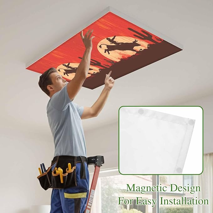 Fluorescent Light Covers for Drop Ceiling Western Cowboys Horse Riding on Red Magnetic Light Filters, Abstract Cactus Desert Ceiling Shade Filters for Home Classroom Office,2x4 ft,2Packs