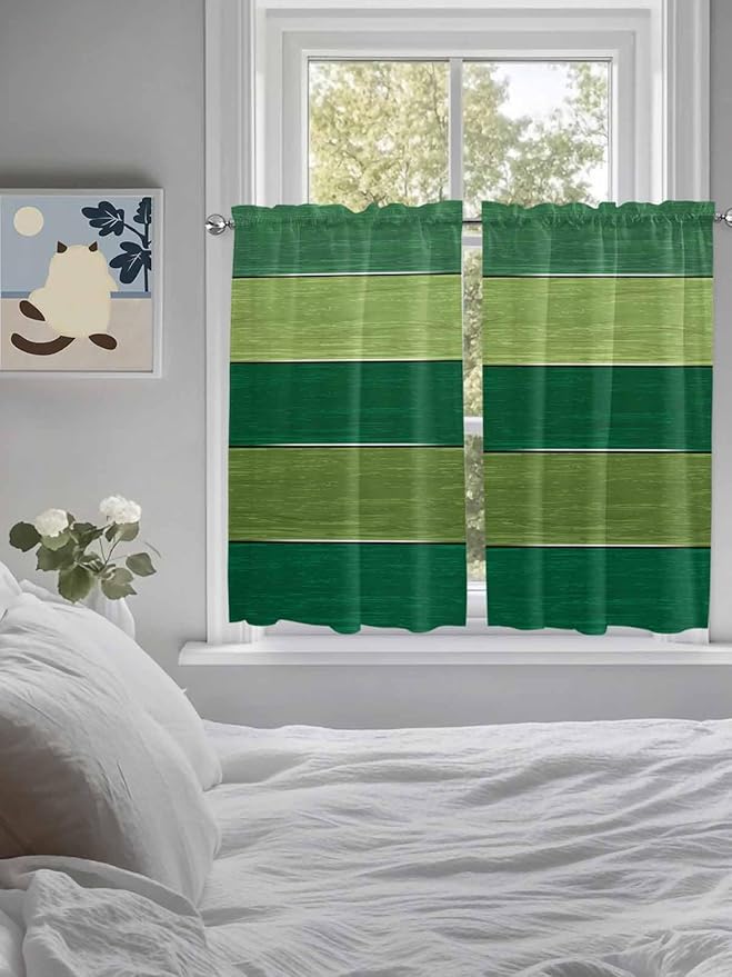 Farm Retro Green Wood Grain Window Valance Curtains, Rustic Wooden Plank Texture Light Filtering Kitchen Valance with 3-inch Rod Pocket for Living Room Bathroom Bedroom,2 Panel,42x45In