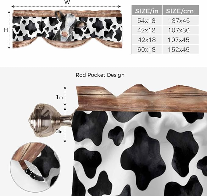 Cow Printed Tie Up Valance Curtains for Windows, Kitchen Curtains Window Shades, Farmhouse Watercolor Country Wooden Grain Light Filtering Roman Curtain Valances for Bedroom/Bathroom/Cafe 60"x18"