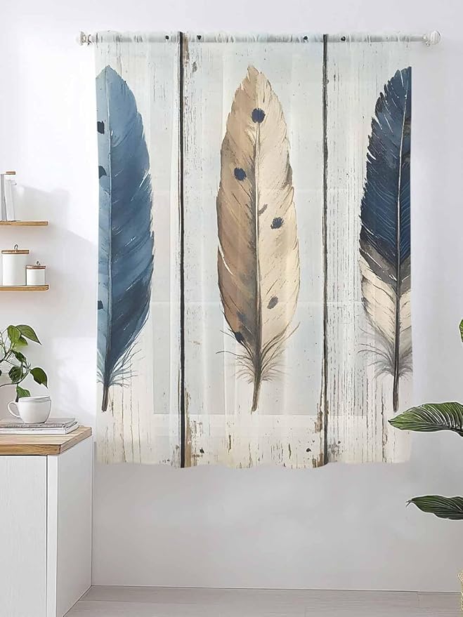 Sheer Curtains 63 Inch Length, Farmhouse Feather Semi Sheer Curtains Light Filtering Window Treatment, Watercolor Vintage Wooden Grain Privacy Voile Drapes for Living Room Bedroom 52x63 Inch