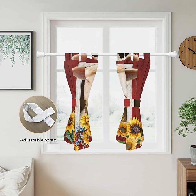 Sheep Sunflower Kitchen Curtains 45 Inch Length, Short Cafe Window Curtains Tab Top, Country Red Farm Barn Spring Flowers Light Filtering Window Treatments Tier Drapes 27.5"x45" 2 Panel