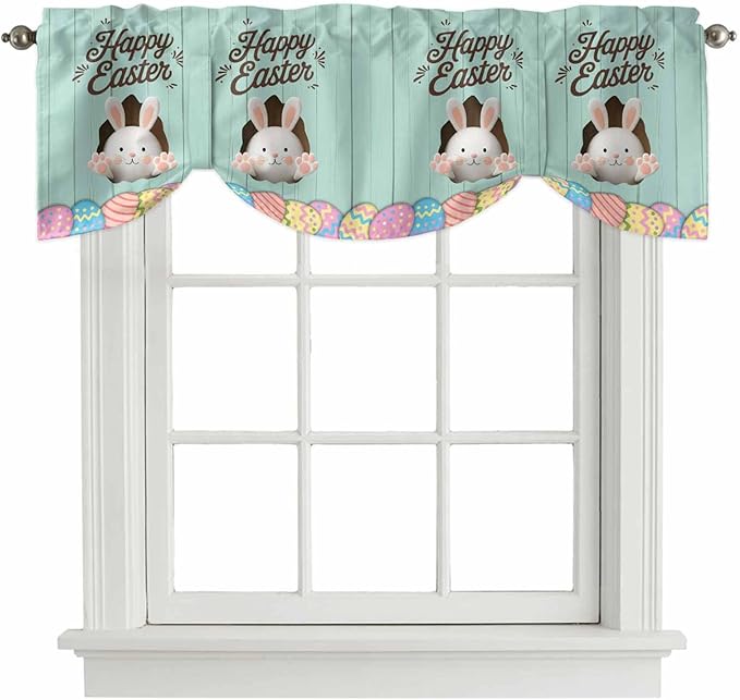 Green Easter Tie Up Valance Curtains for Windows, Kitchen Curtains Window Shades, Spring Cartoon Bunny Colorful Eggs Wood Grain Light Filtering Roman Curtain Valances for Bedroom/Bathroom/Cafe 42"x12"