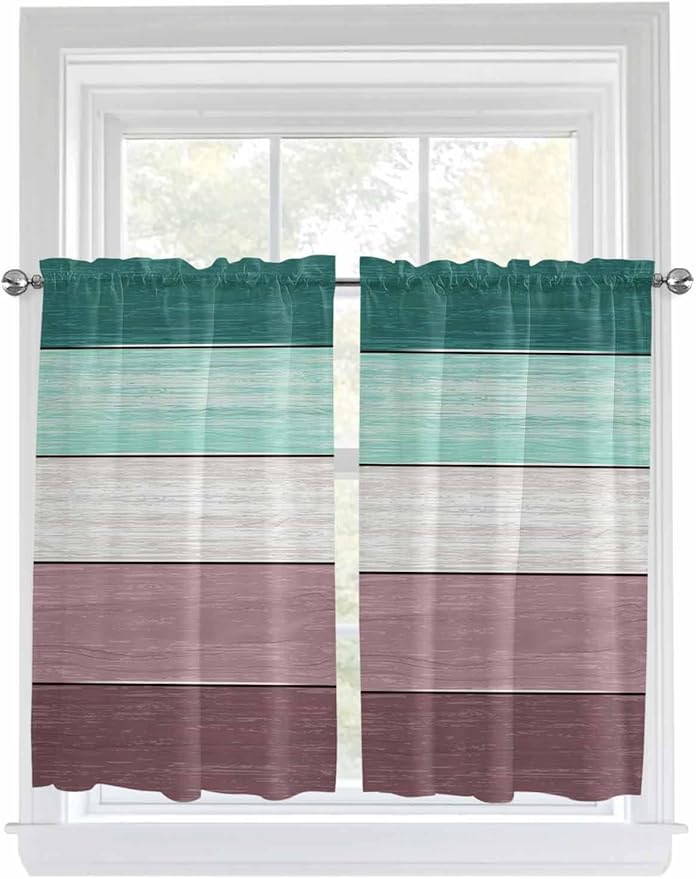 Retro Farm Woodcuts Texture Window Valance Curtains, Green Brown Gradient Light Filtering Kitchen Valance with 3-inch Rod Pocket for Living Room Bathroom Bedroom,2 Panel,42x54In
