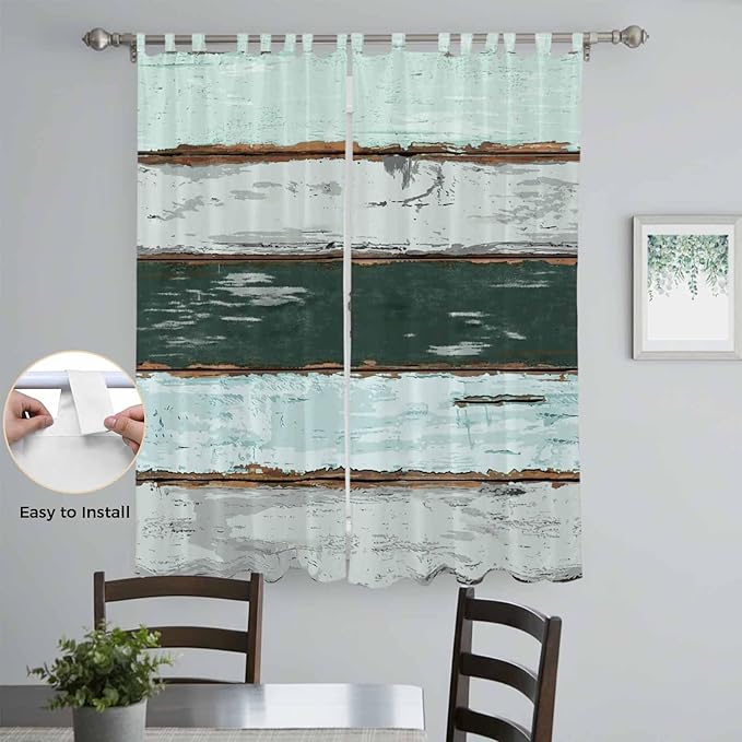Blue Teal Living Room Curtains 96 Inch Length, Window Curtains Tab Top, Vintage Wooden Retro Art Farmhouse Barns Light Filtering Window Treatments Drapes 52"x96" 2 Panel
