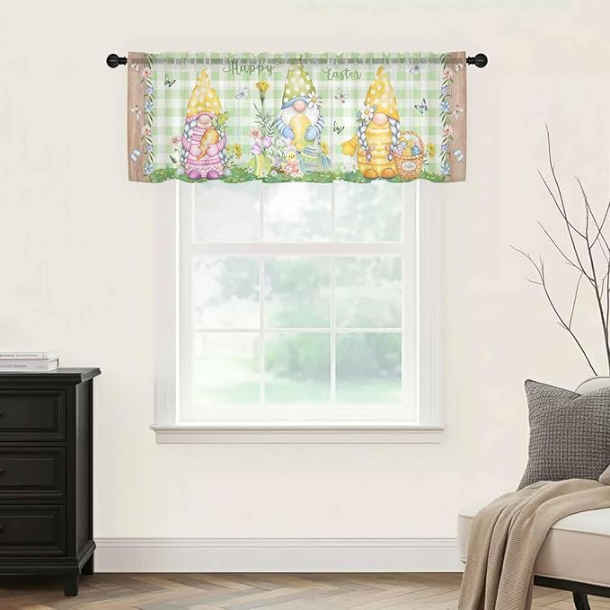 Easter Sheer Valances for Windows 54"x18", Light Filtering Kitchen Curtains Valance, Gnomes Flowers Duck Eggs Green Lattice Wooden Rod Pocket Chiffon Curtains for Living Room Bedroom Cafe