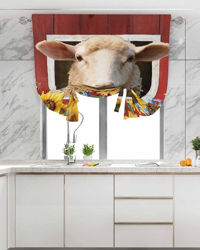 Tie Up Curtains for Windows, Sheep Sunflower Adjustable Balloon Nature Linen Textured Kitchen Curtain, Country Red Farm Barn Spring Flowers Thermal Insulated Curtains for Window, 42" x 54"