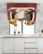 Tie Up Curtains for Windows, Sheep Sunflower Adjustable Balloon Nature Linen Textured Kitchen Curtain, Country Red Farm Barn Spring Flowers Decorative Tie Up Curtain for Window, 52" x 45"
